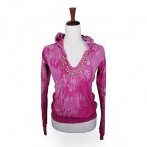 Pretty Punk Pink Splash Dye V-Neck Fitted Hoodie w/ Gold Studs - Size S